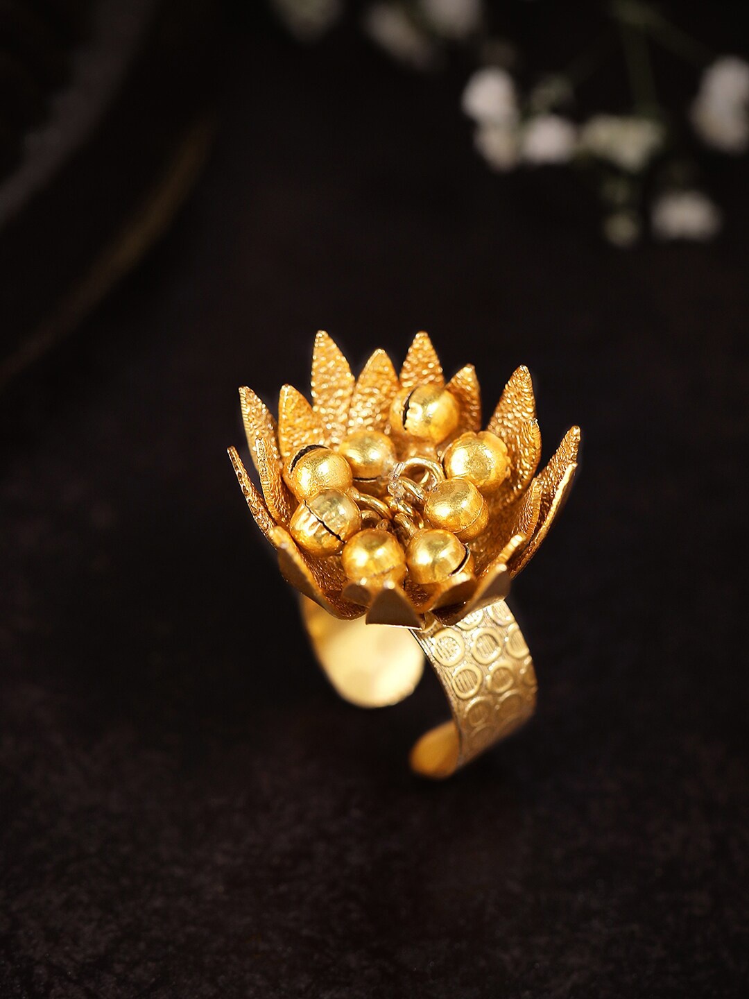 

Rubans 24K Gold-Plated Beaded Adjustable Floral Design Finger Ring