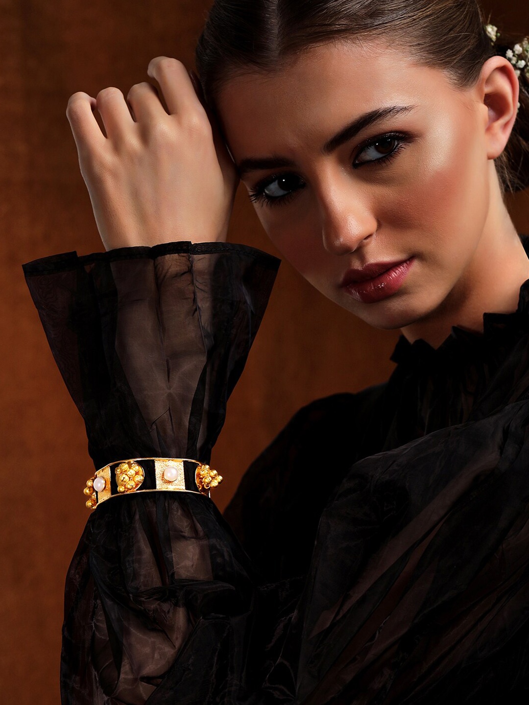 

Rubans 24K Gold Plated Handcrafted Cuff Bracelet With Pearls And Golden Beads