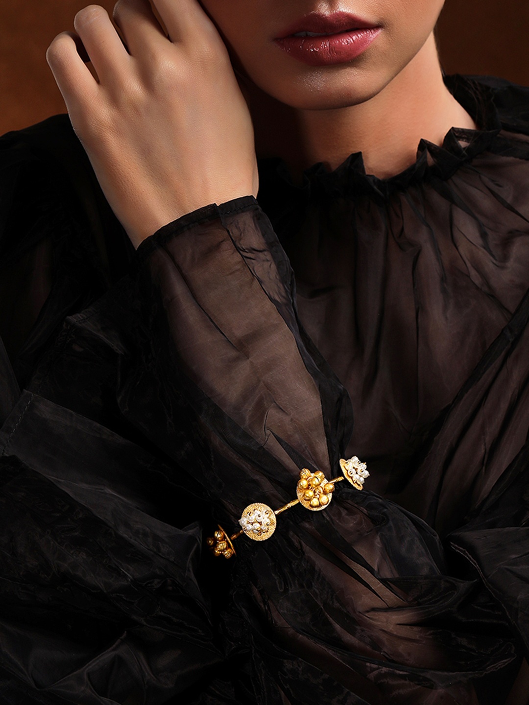 

Rubans 24K Gold Plated Handcrafted Bracelet With Circular Design, Pearls & Golden Beads