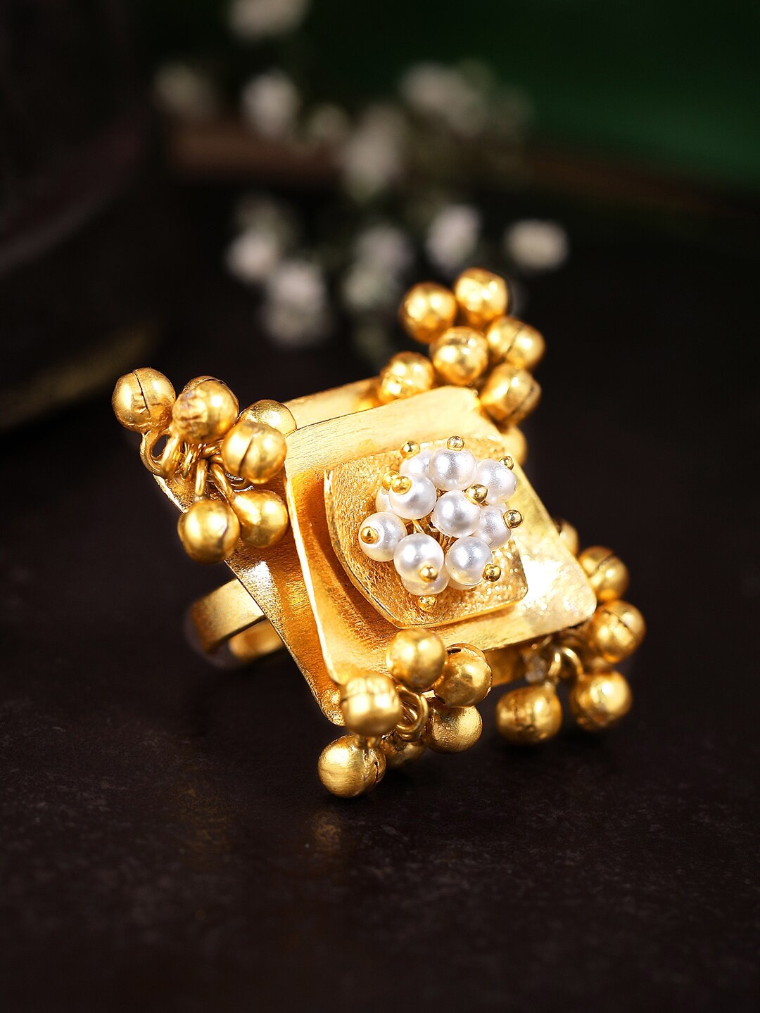 

Rubans 24K Gold Plated White Pearl-Beaded Finger Ring