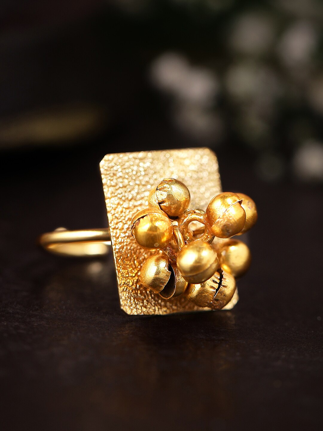 

Rubans 24K Gold-Plated Beaded Adjustable Square Design Finger Ring