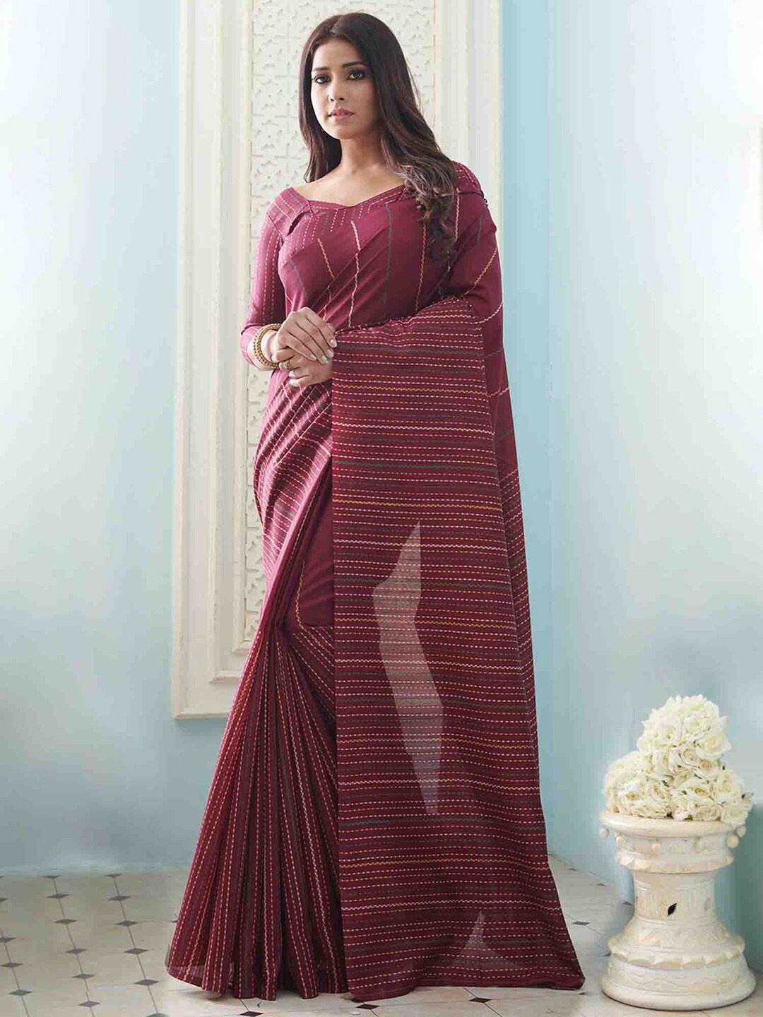 

Mitera Women Magenta & Off White Striped Art Silk Bhagalpuri Saree