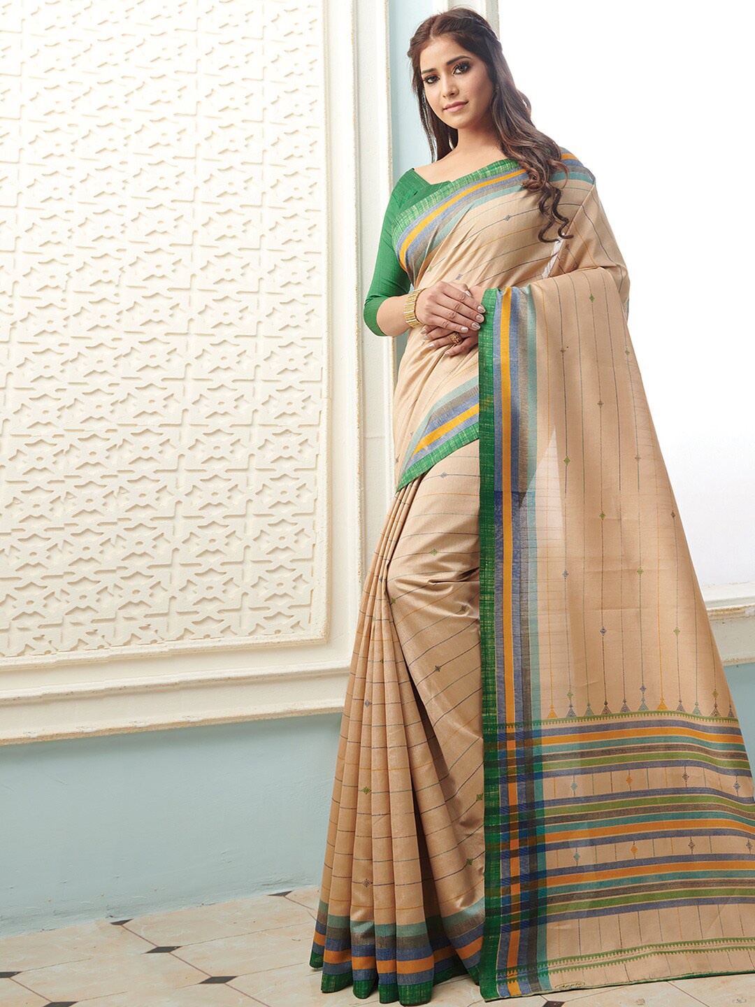 

Mitera Women Beige & Green Striped Art Silk Bhagalpuri Saree With Matching Blouse