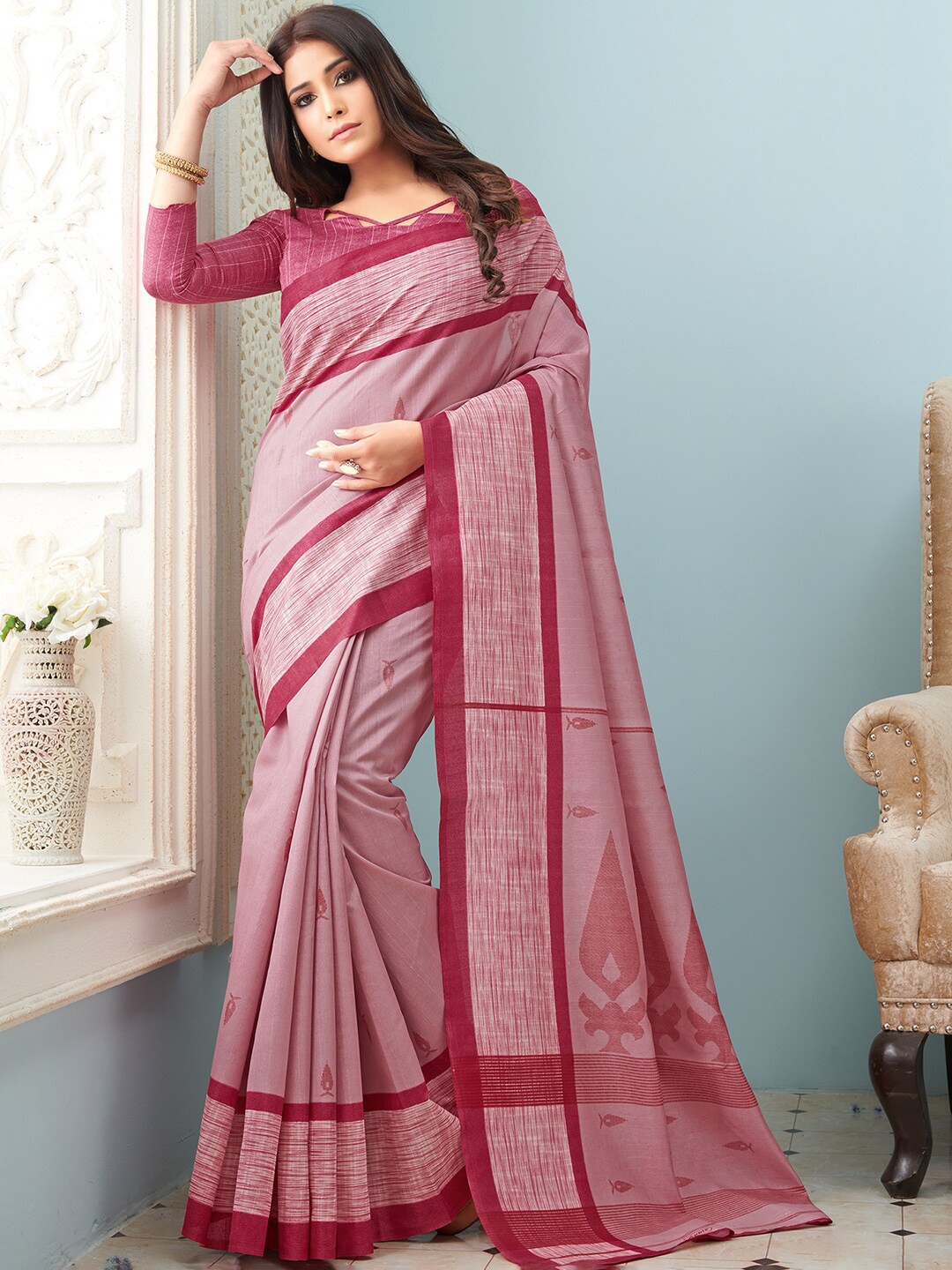 

Mitera Pink Printed Art Silk Bhagalpuri Saree