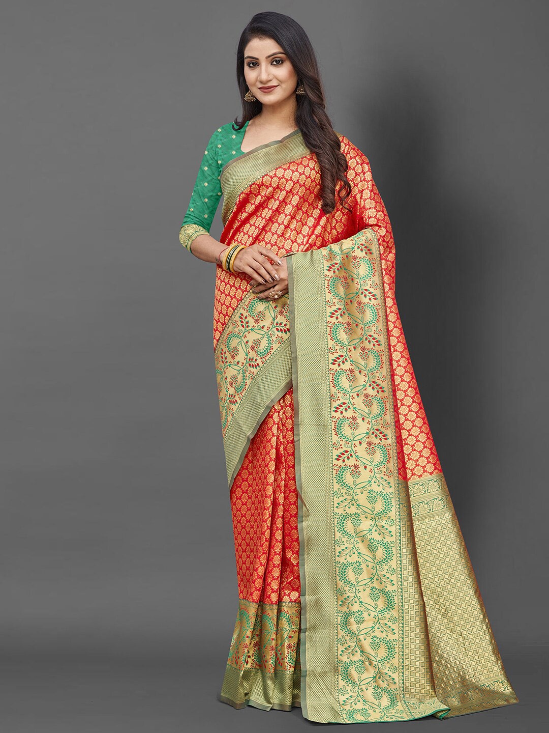 

Mitera Red & Gold-Toned Woven Design Zari Silk Blend Saree