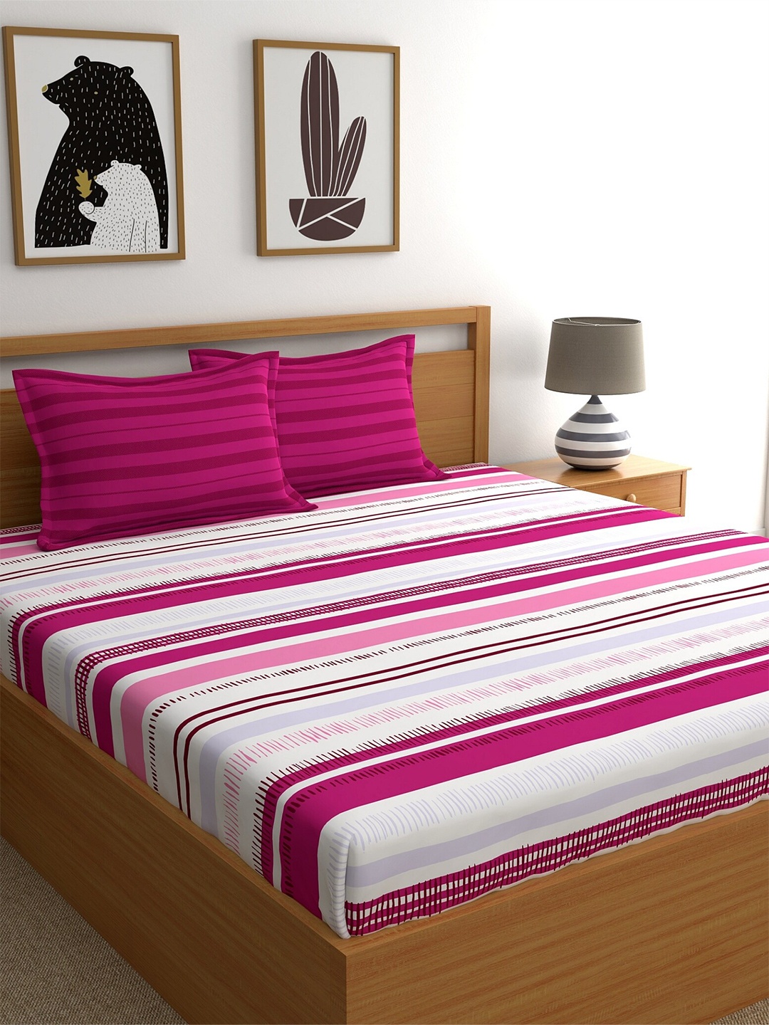

Home Ecstasy Pink & White Striped Pure Cotton140 TC Queen Bedsheet 2 Pillow Covers