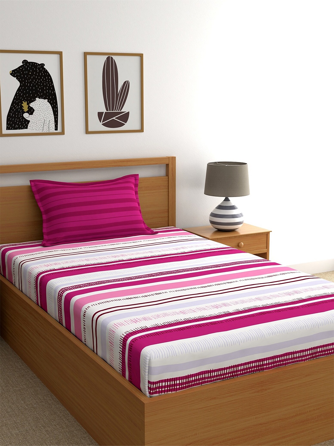

Home Ecstasy Pink & White Striped 100% Cotton Fitted140 TC Single Bedsheet 1 Pillow Cover