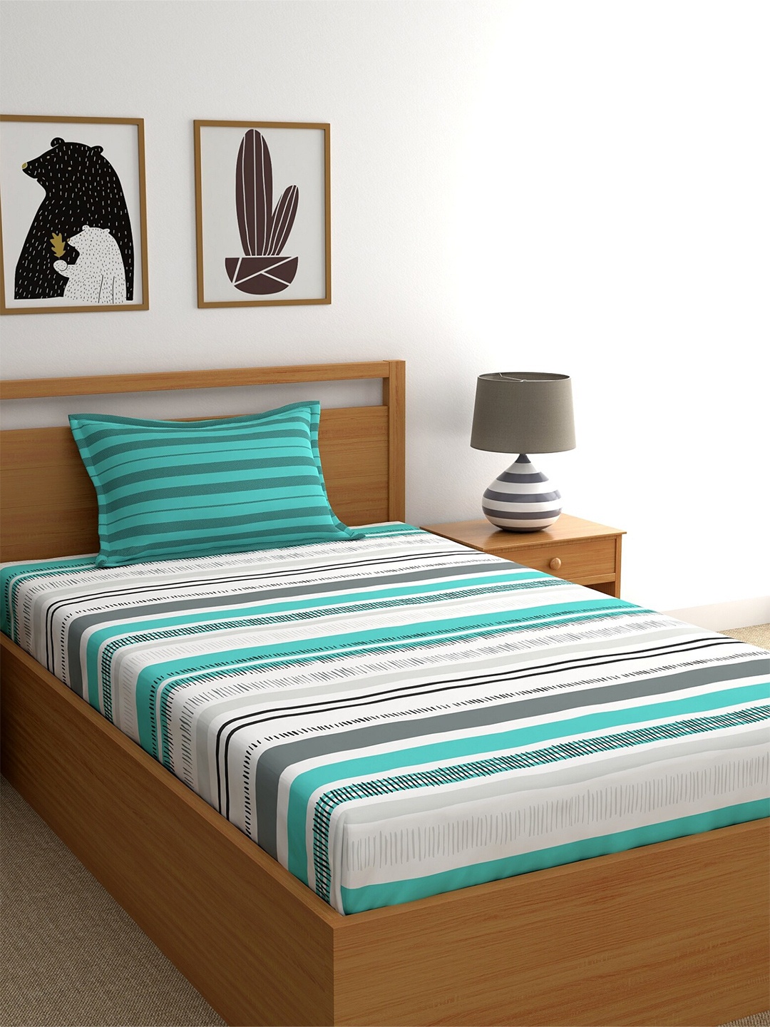 

Home Ecstasy Teal & White 100% Cotton Fitted 140 TC Single Bedsheet with 1 Pillow Cover