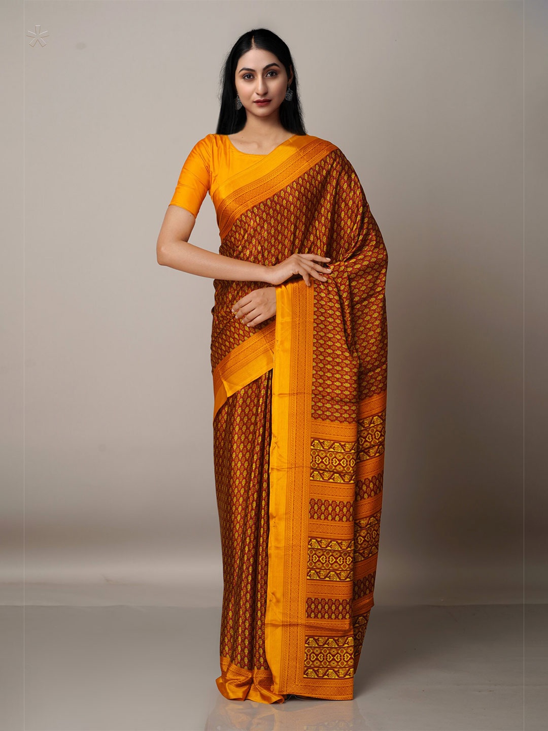 

Unnati Silks Red & Yellow Ethnic Motifs Block Print Saree