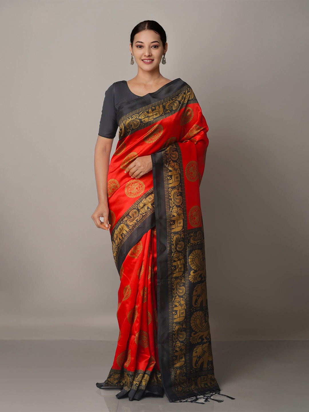 

Unnati Silks Red & Black Ethnic Motifs Art Silk Bandhani Saree