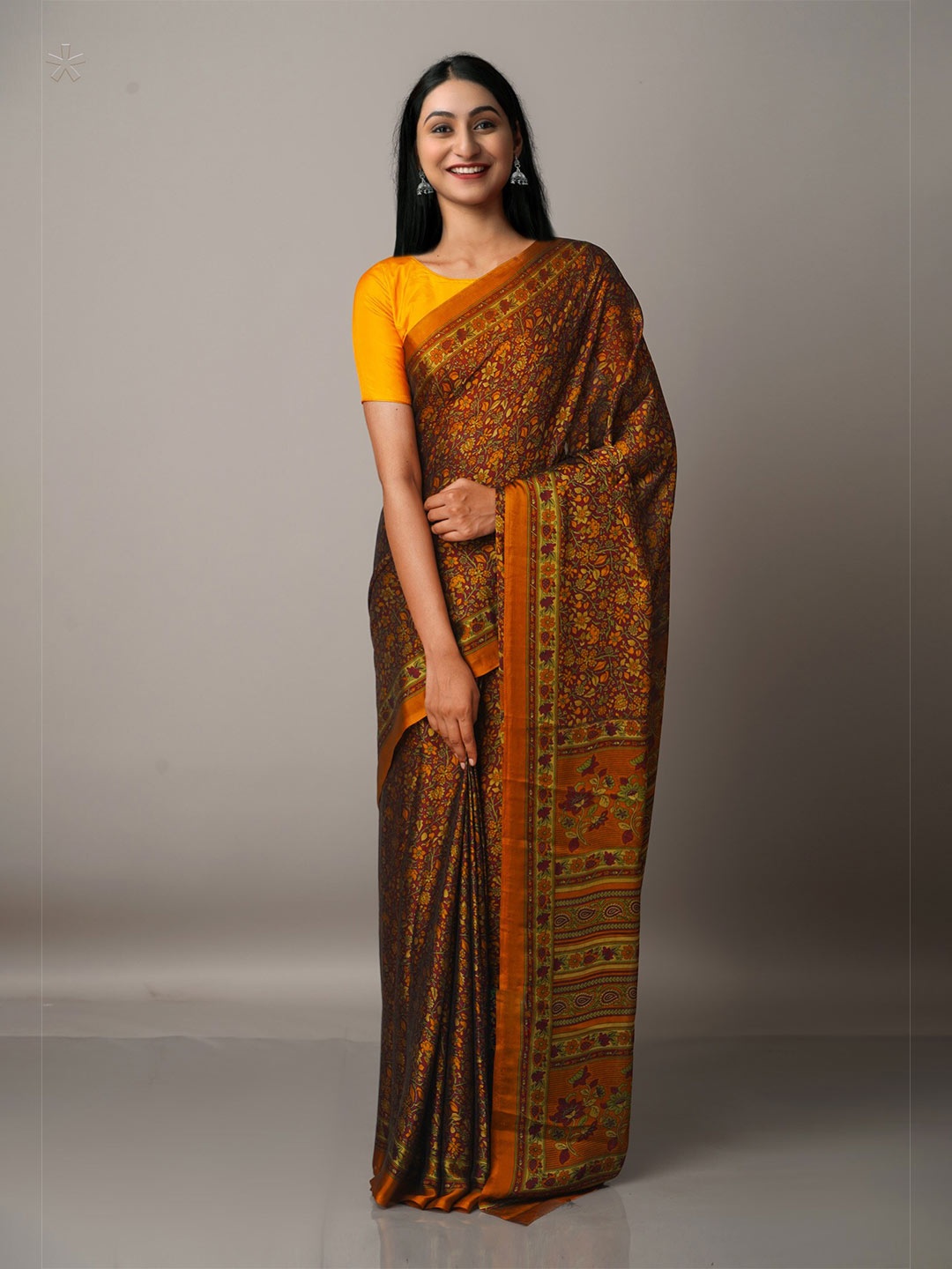 

Unnati Silks Orange & Maroon Floral Art Silk Bandhani Saree