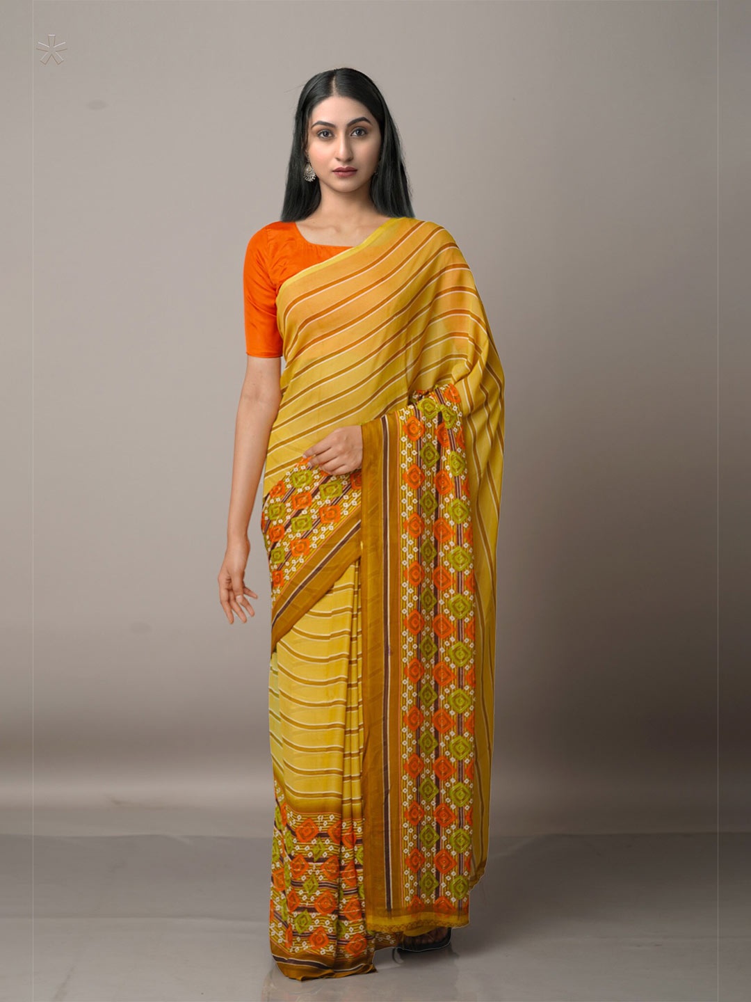 

Unnati Silks Yellow & Orange Bandhani Block Print Saree