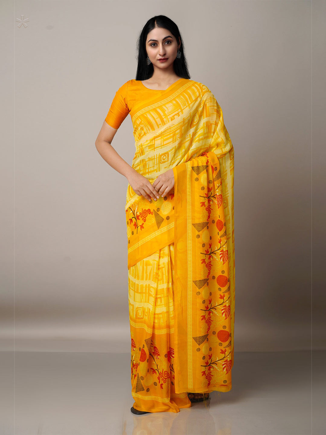 

Unnati Silks Yellow & Red Ethnic Motifs Block Print Saree