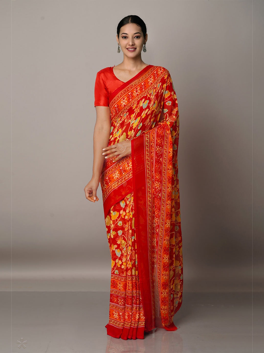 

Unnati Silks Red & Mustard Ethnic Motifs Block Print Saree