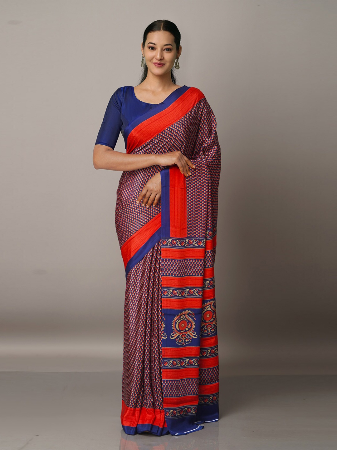 

Unnati Silks Blue & Red Ethnic Motifs Block Print Saree