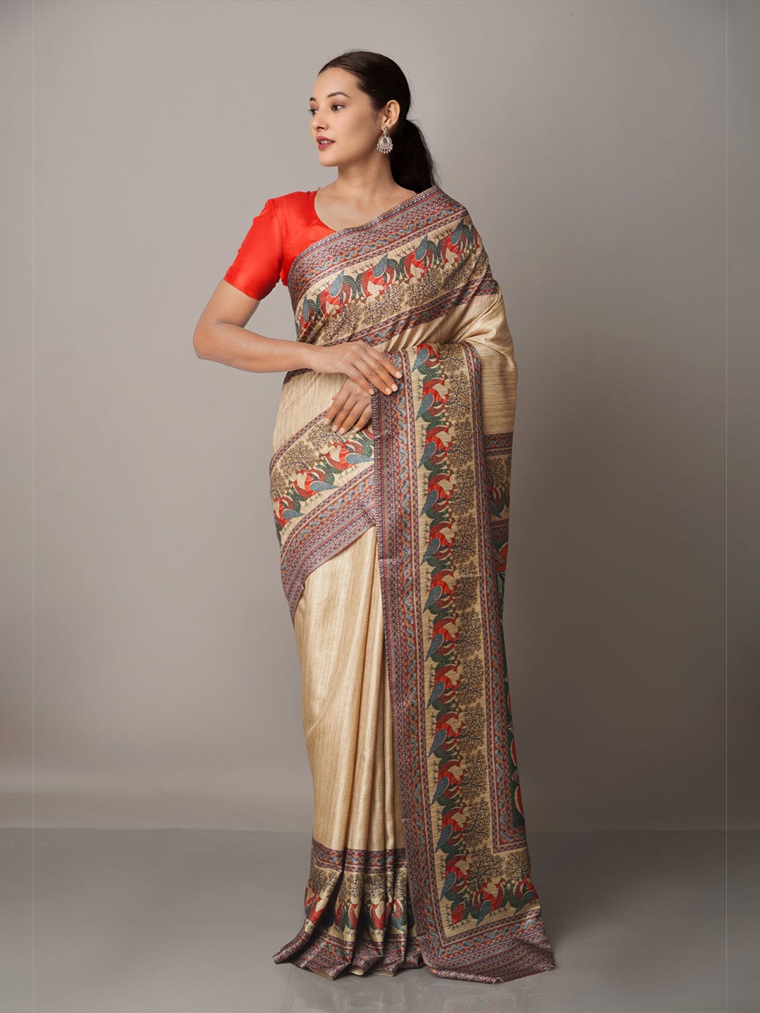 

Unnati Silks Beige & Red Ethnic Motifs Block Print Saree