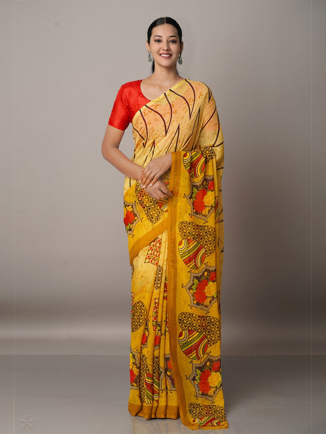 

Unnati Silks Yellow & Red Ethnic Motifs Block Print Saree