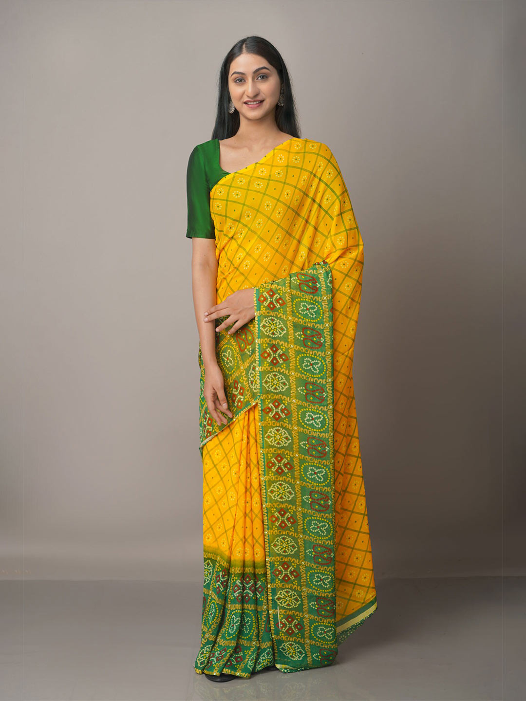 

Unnati Silks Yellow & Green Bandhani Saree