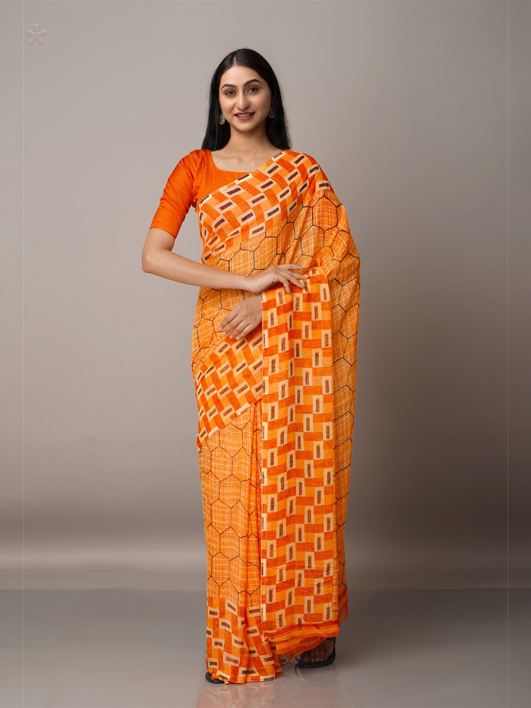 

Unnati Silks Orange & Yellow Block Print Saree