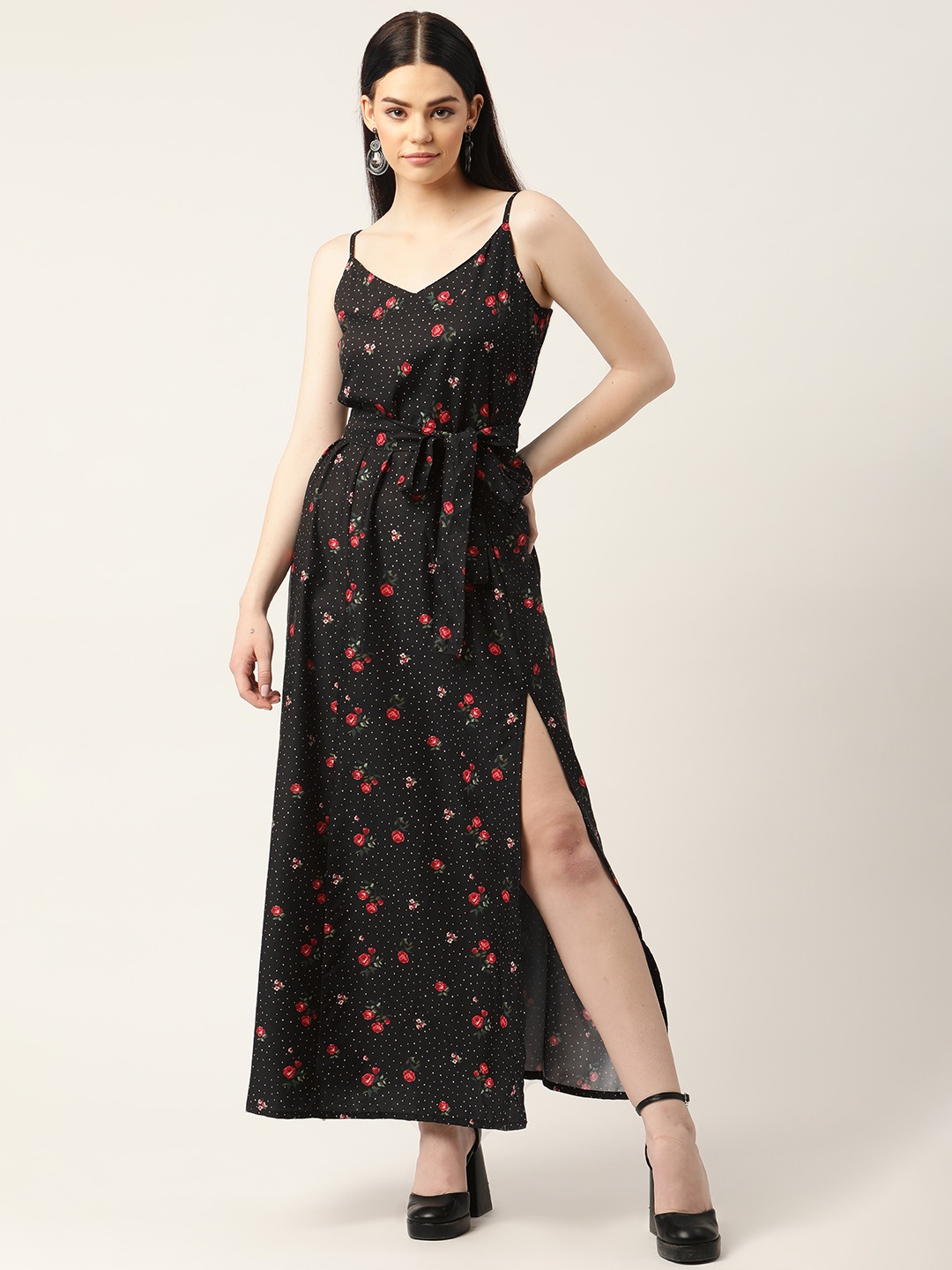 

Sleek Italia Black & White Floral Print Crepe A-Line Maxi Dress with Side Slit & Belt