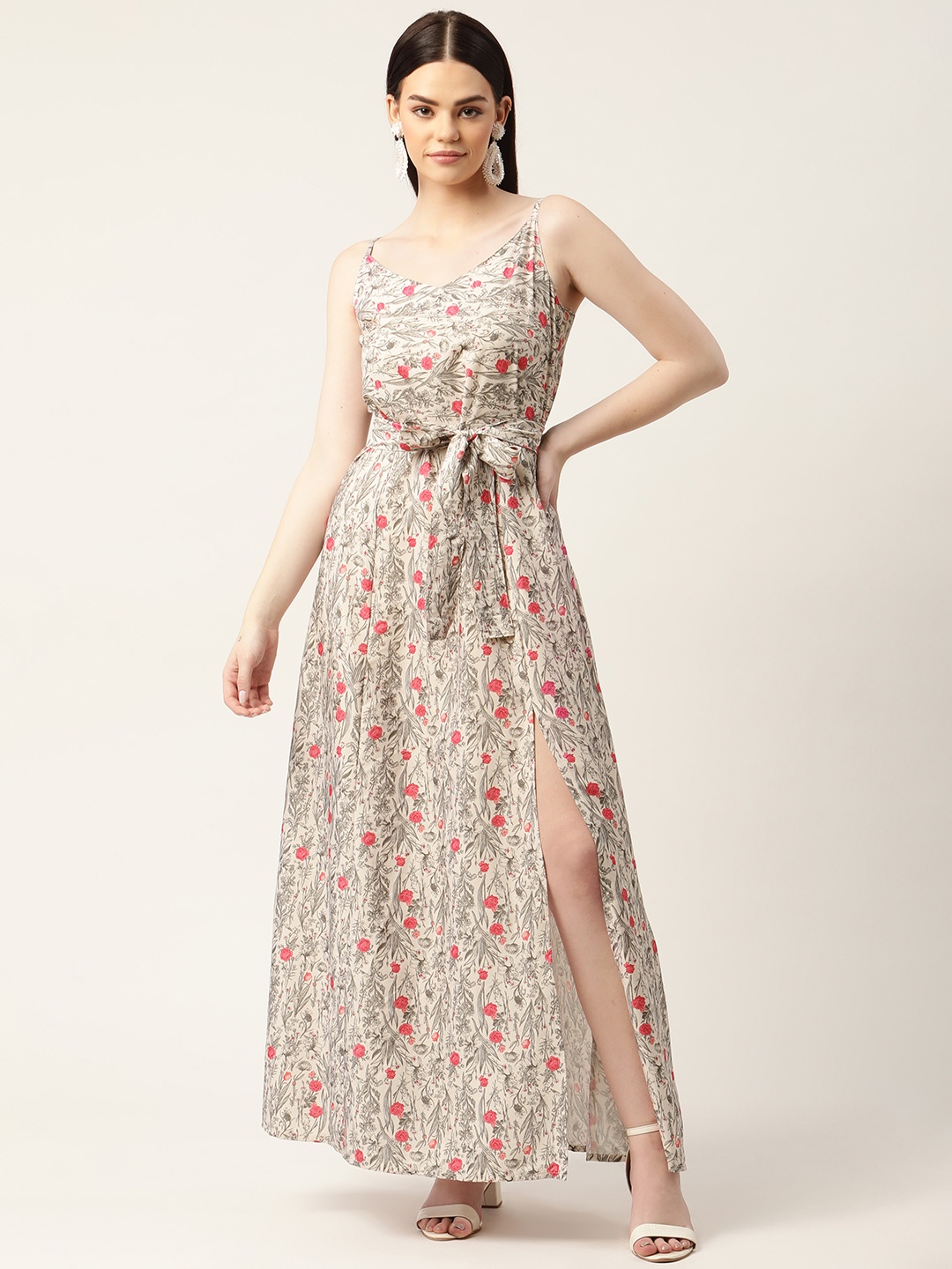 

Sleek Italia Beige & Brown Floral Crepe Maxi Fit & Flare Dress with Side Slit Belt