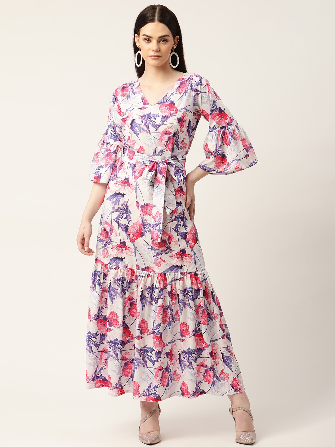 

Sleek Italia Beige & Purple Floral Print Crepe Maxi Fit & Flare Dress with Belt