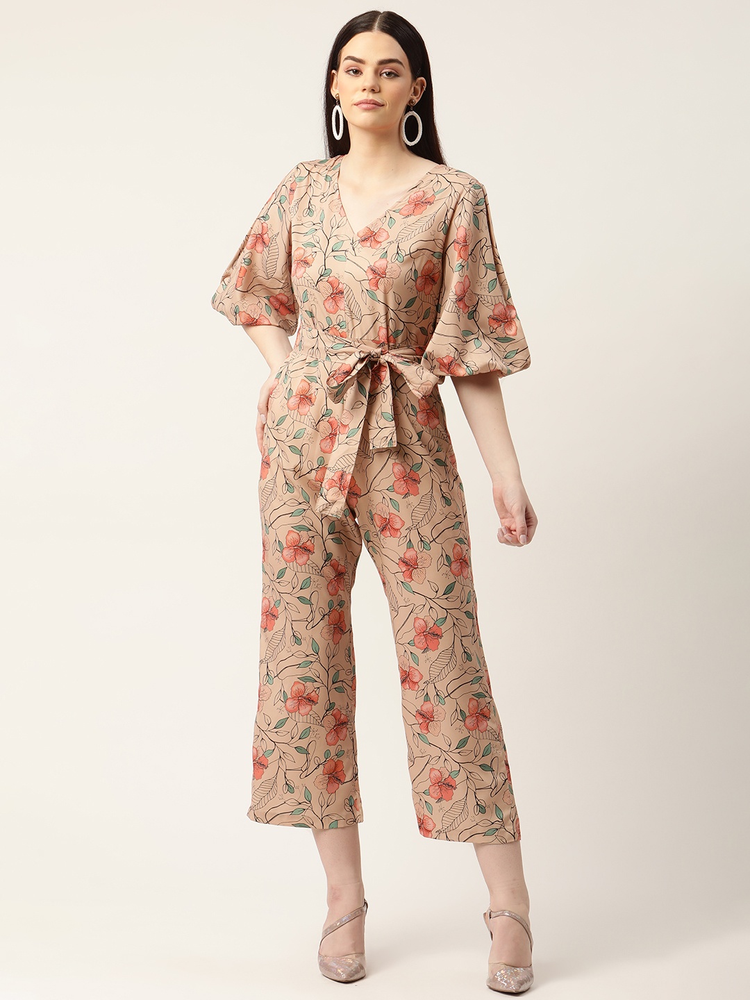 

Sleek Italia Peach-Coloured & Green Floral Print Crop Culotte Jumpsuit with Waist Tie-Ups