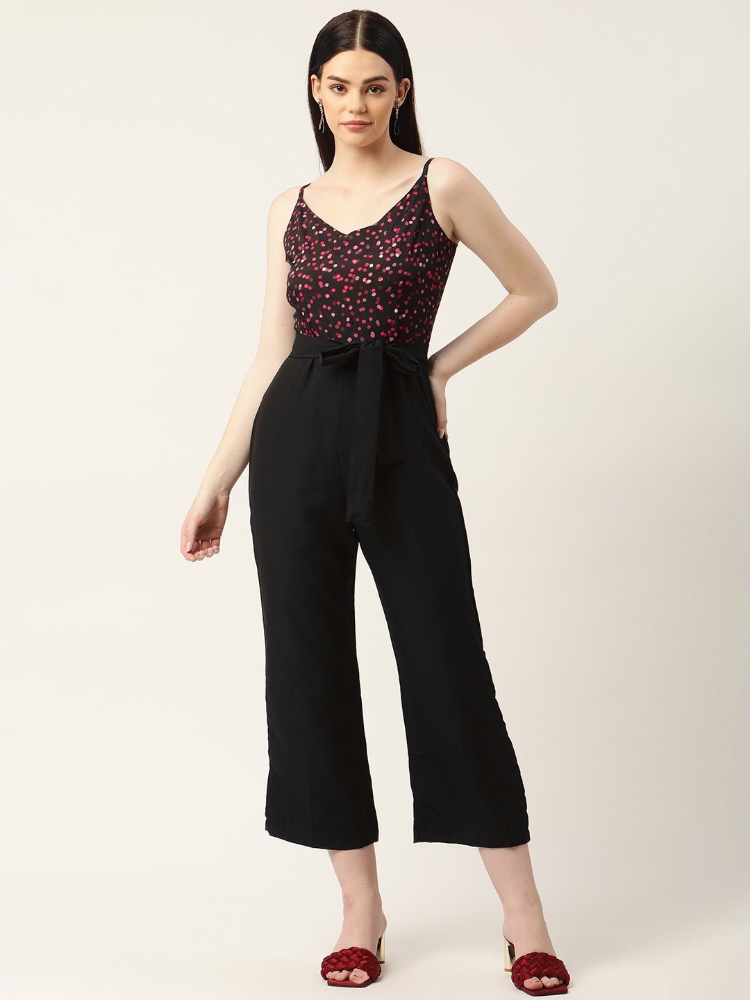 

Sleek Italia Black & Pink Geometric Printed Crop Culotte Jumpsuit with Waist Tie-Ups