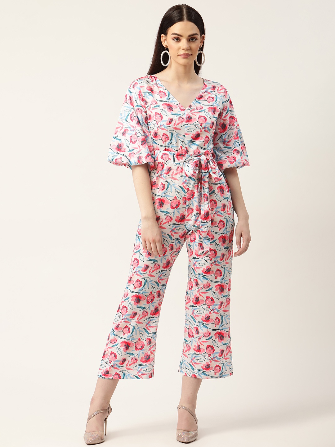 

Sleek Italia Cream-Coloured & Peach-Coloured Floral Printed Crop Culotte Jumpsuit & Belt