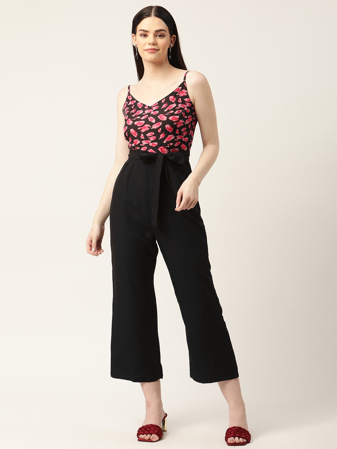 

Sleek Italia Black & Pink Floral Printed Crop Culotte Jumpsuit & Belt