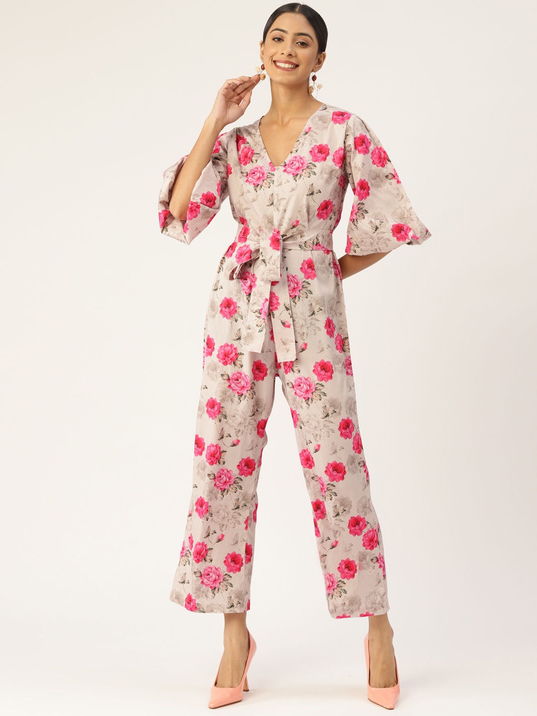 

Sleek Italia Floral Printed Basic Jumpsuit, Beige