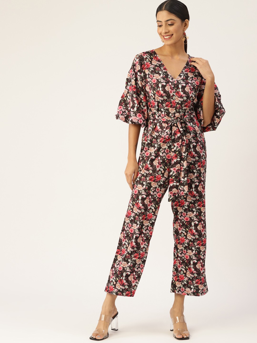 

Sleek Italia Floral Printed Basic Jumpsuit, Black