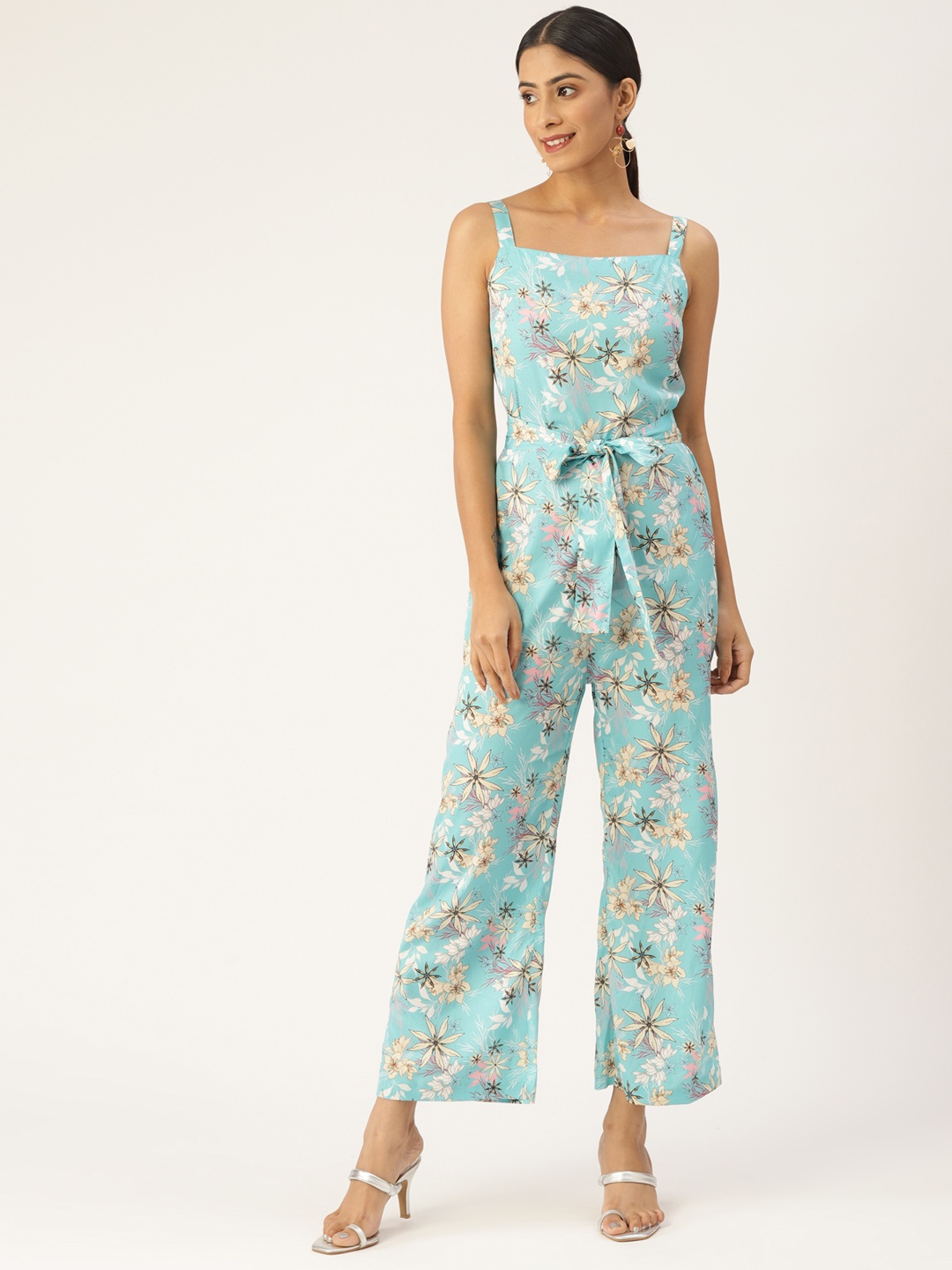 

Sleek Italia Floral Printed Basic Jumpsuit, Turquoise blue