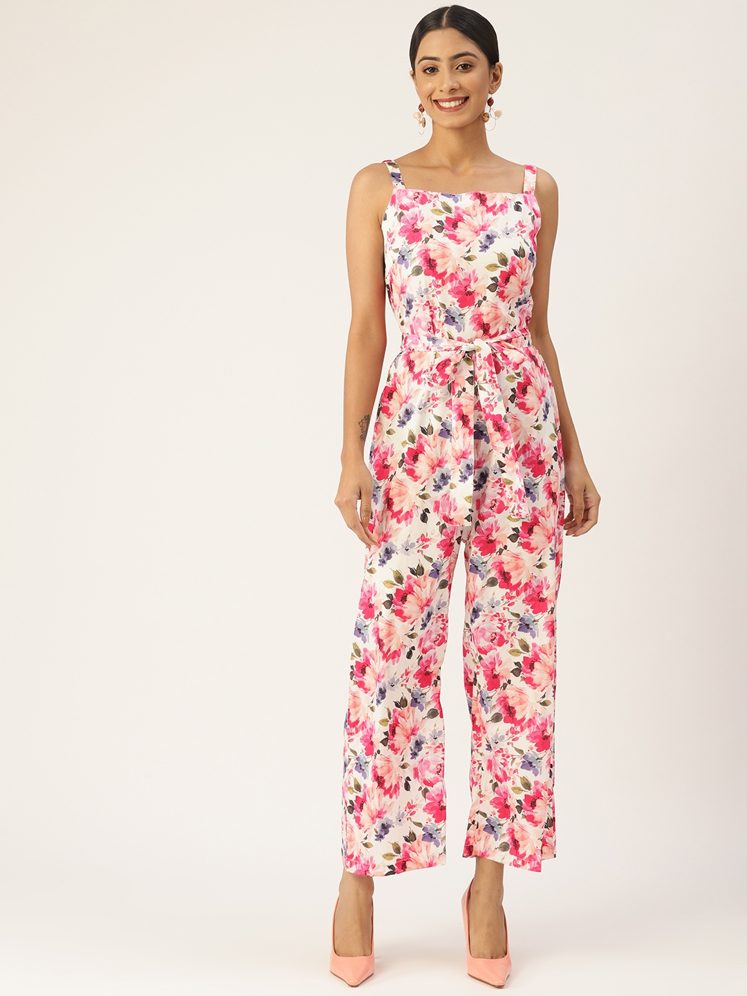

Sleek Italia Floral Printed Basic Jumpsuit, White