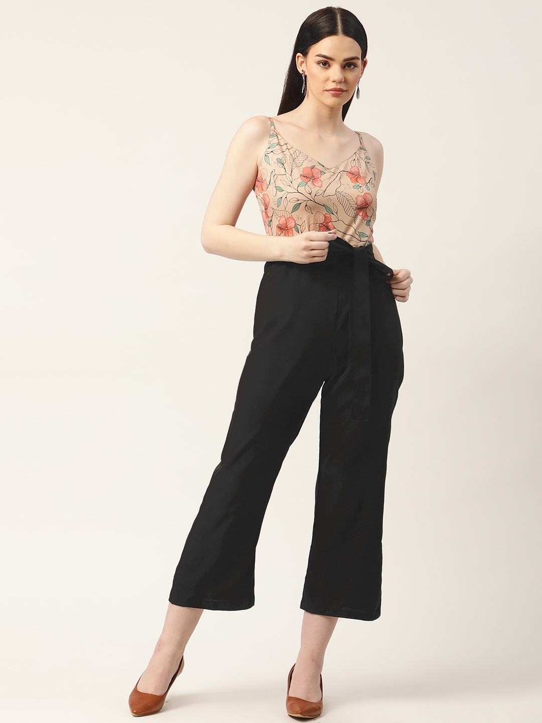 

Sleek Italia Beige & Peach-Coloured Floral Print Crop Culotte Jumpsuit with Waist Tie-Ups