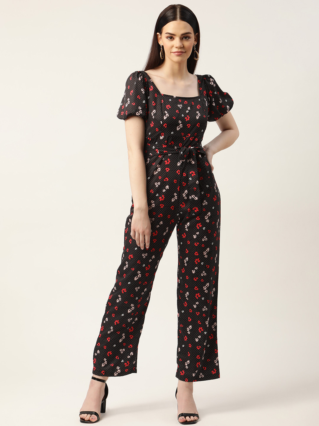 

Sleek Italia Black & White Floral & Micro Dot Printed Waist Tie-Ups Basic Jumpsuit