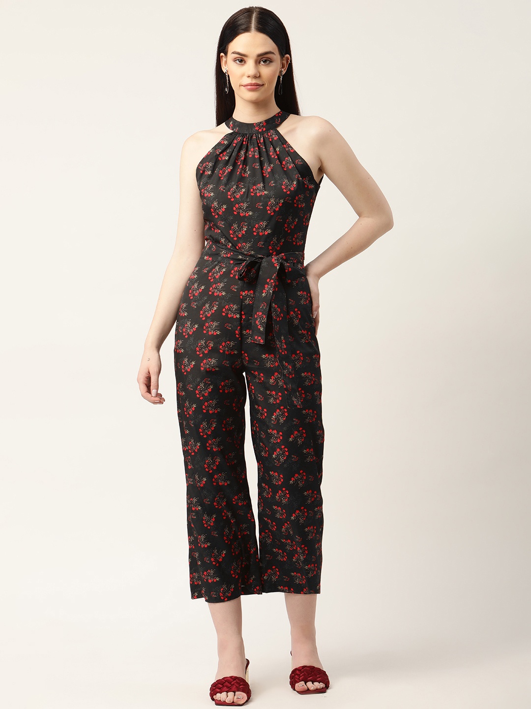 

Sleek Italia Olive Green & Red Floral Printed Crop Culotte Jumpsuit with Waist Tie-Ups