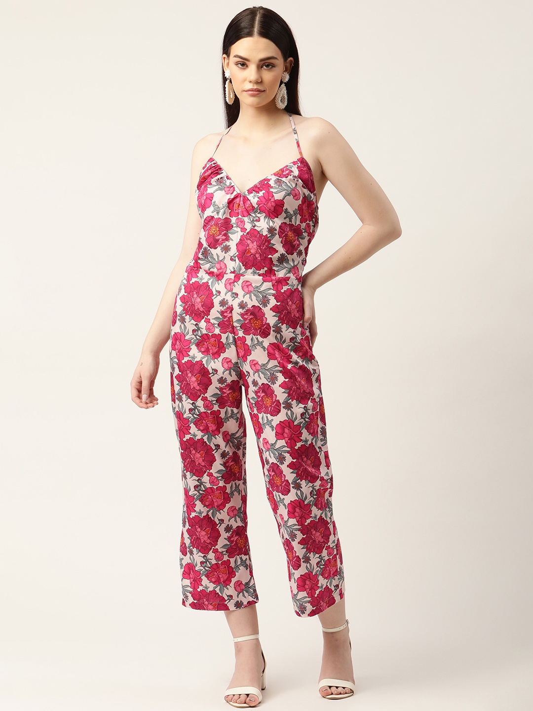 

Sleek Italia Peach-Coloured & Red Halter Neck Printed Culotte Jumpsuit