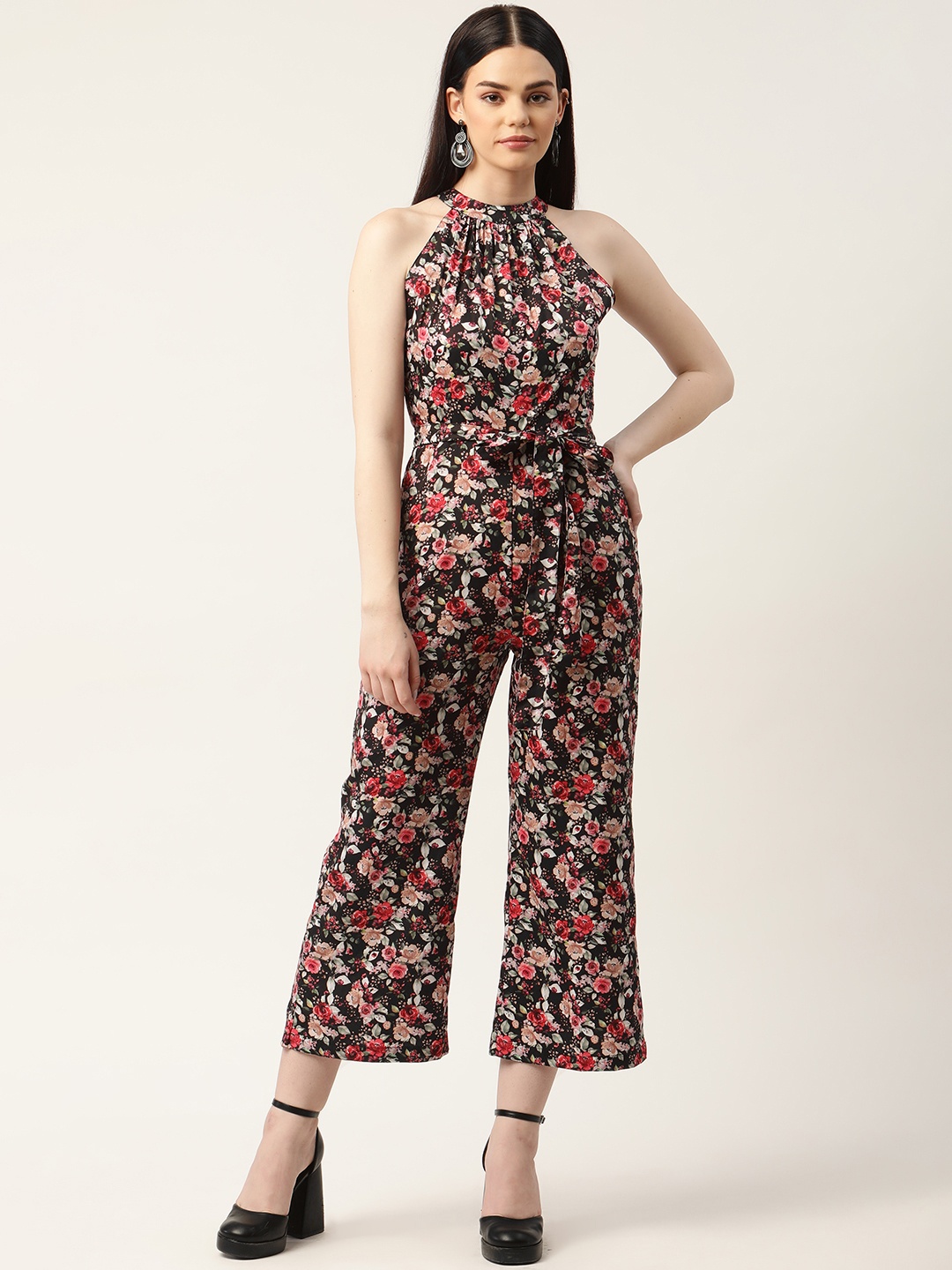 

Sleek Italia Black & Peach-Coloured Floral Printed Crop Culotte Jumpsuit with Waist Tie-Up