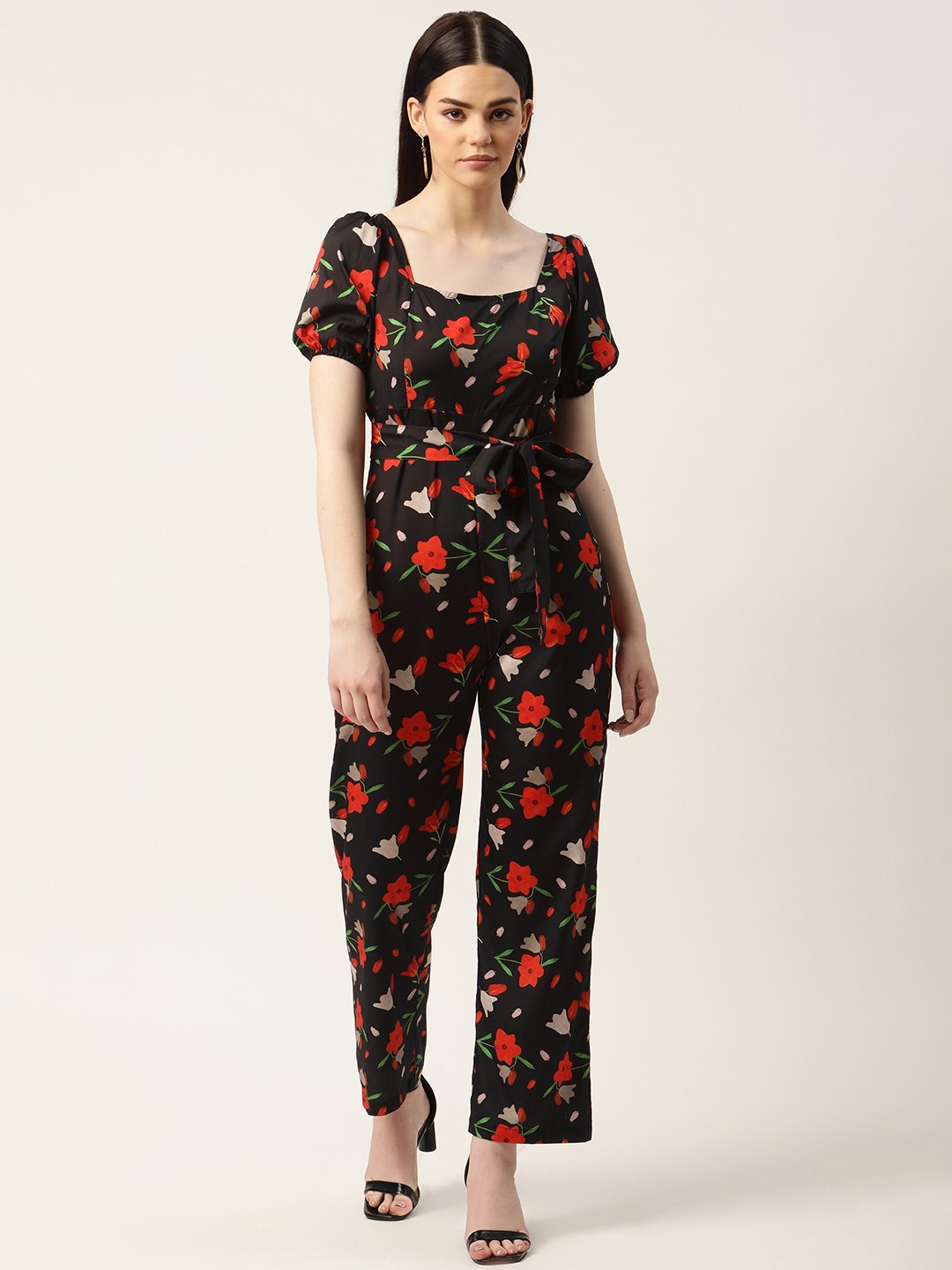 

Sleek Italia Black & Red Floral Printed Basic Jumpsuit with Waist Tie-Ups