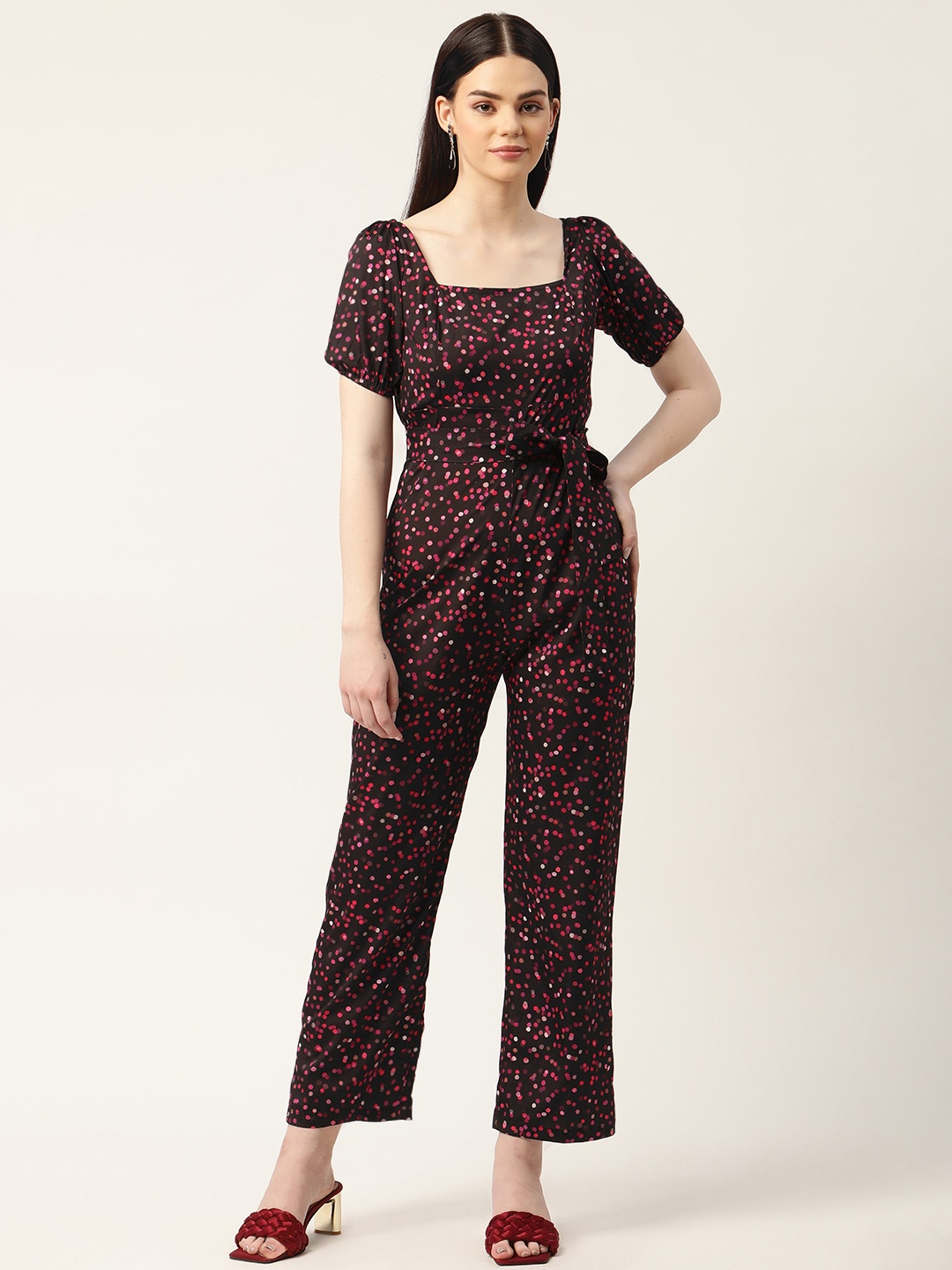 

Sleek Italia Black & Pink Printed Basic Jumpsuit