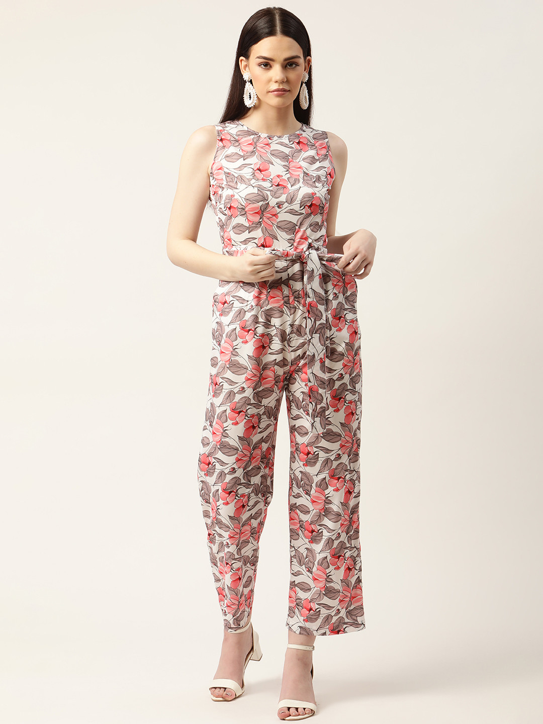 

Sleek Italia Off White & Peach-Coloured Floral Printed Basic Jumpsuit with Waist Tie-Ups