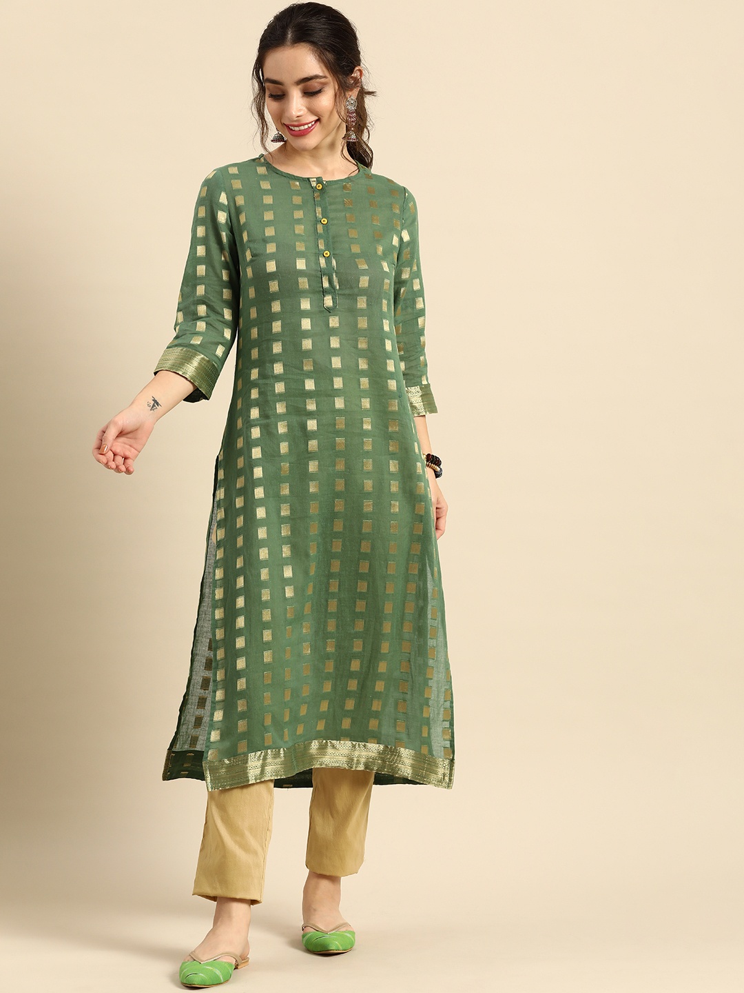 

Sangria Women Green Woven Design Kurta
