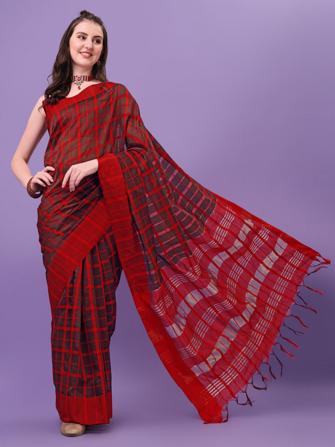 

KALINI Red & Black Checked Saree