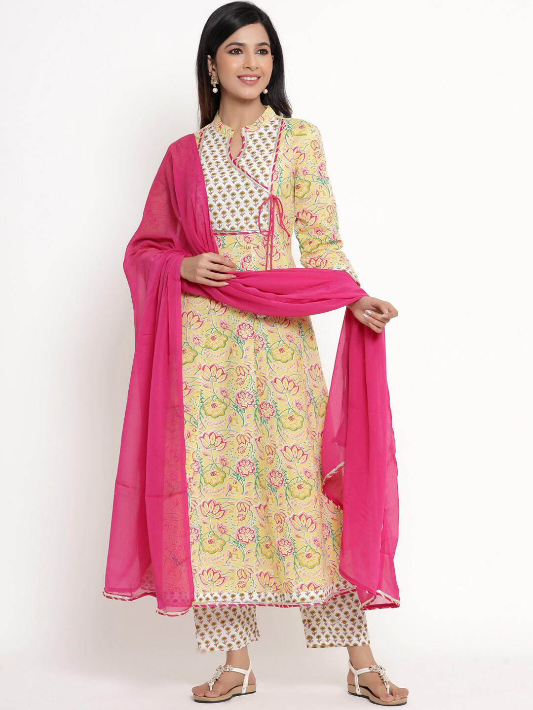 

ANAISA Women Floral Embroidered Angrakha Pure Cotton Kurta with Trousers & Dupatta Set, Yellow