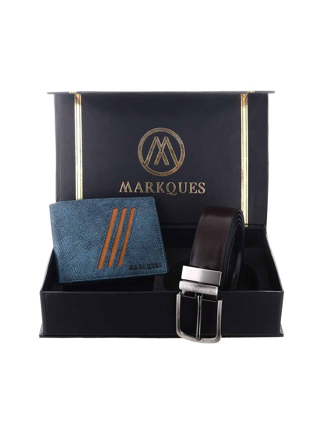 

MARKQUES Men Blue & Brown Textured Leather Accessory Gift Set
