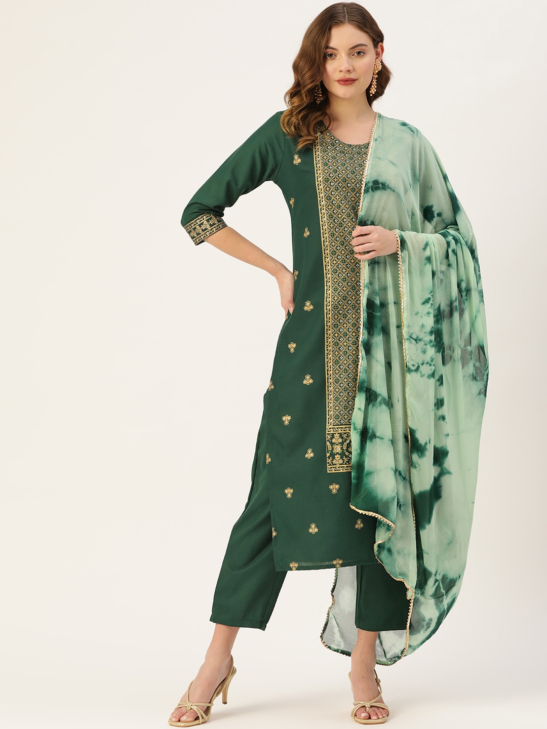 

VAABA Women Green Ethnic Motifs Printed Panelled Kurta with Trousers & With Dupatta