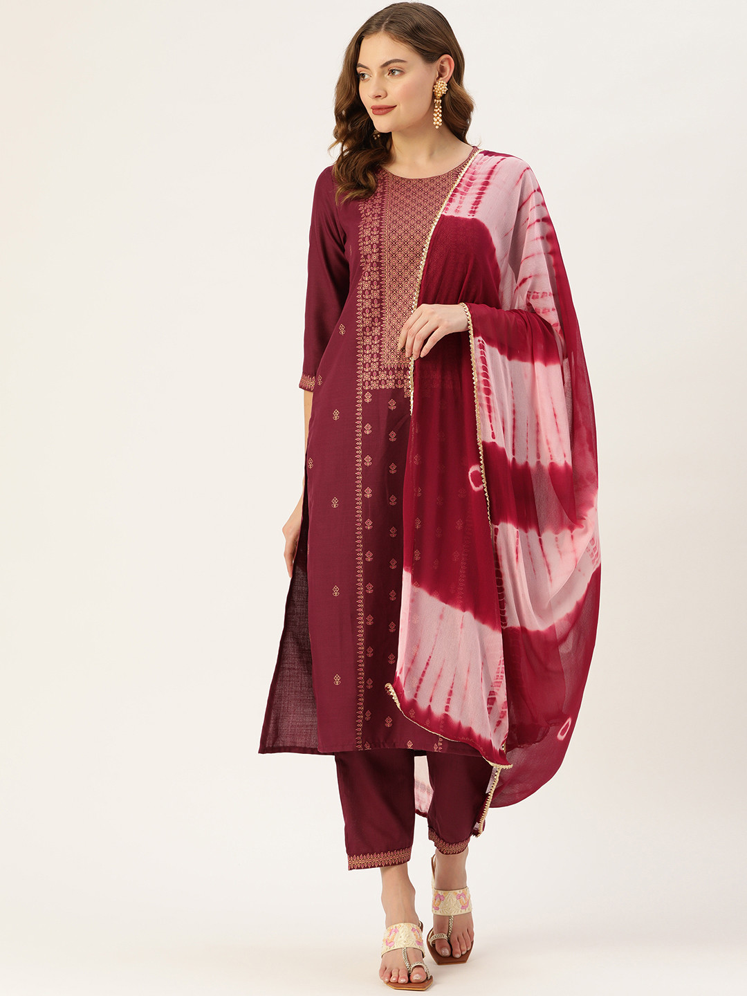 

VAABA Women Brown Ethnic Motifs Printed Kurta with Trousers & With Dupatta