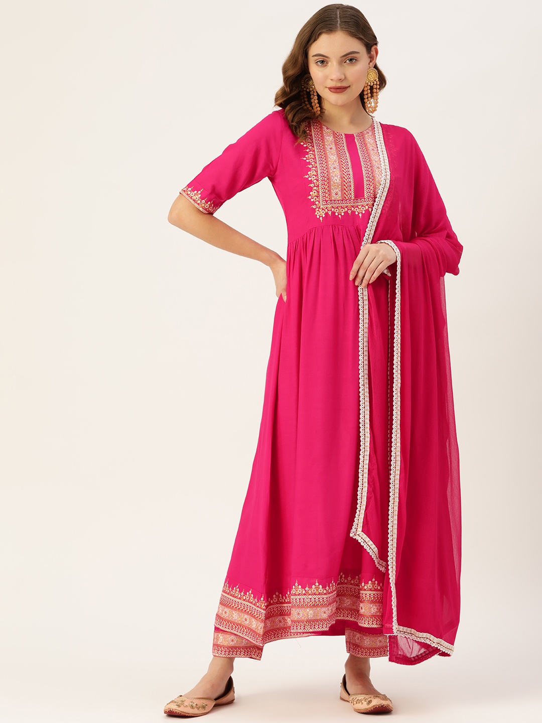 

VAABA Women Pink Ethnic Motifs Printed Panelled Kurta with Trousers & With Dupatta