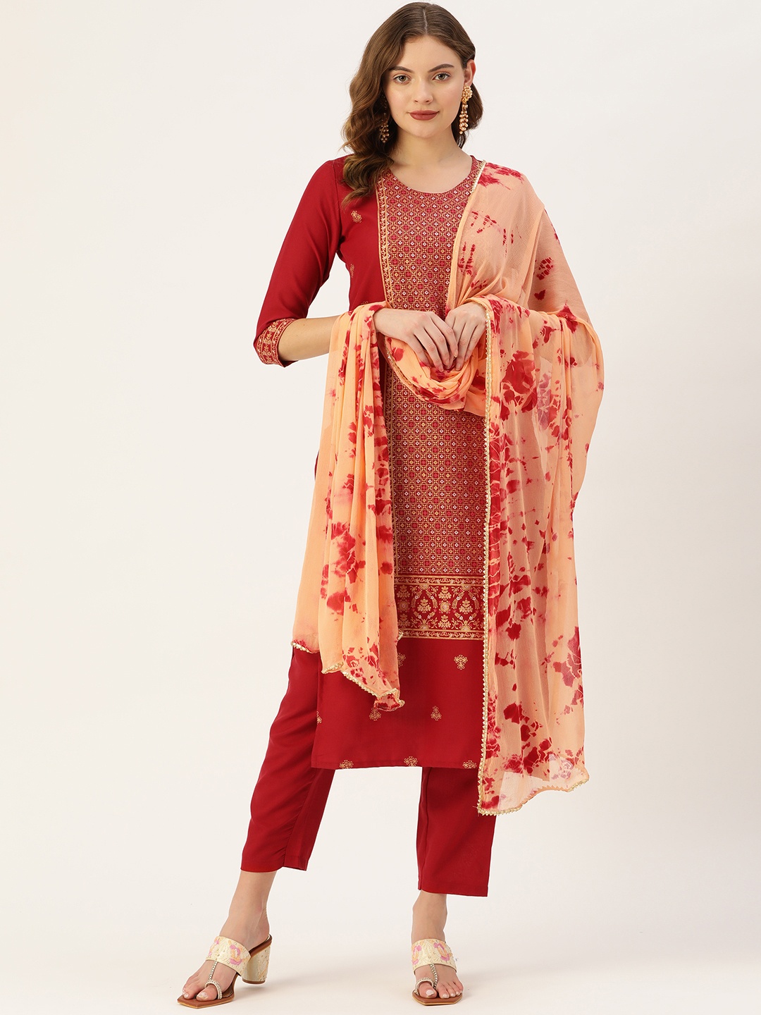 

VAABA Women Maroon Ethnic Motifs Printed Panelled Kurta with Trousers & With Dupatta